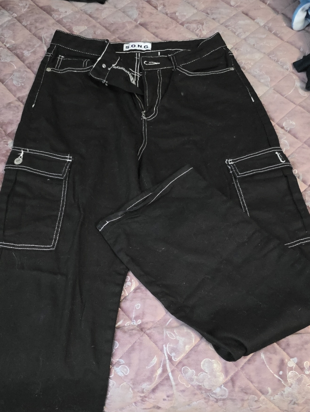 Black Cargo Pants with Contrast Stitching